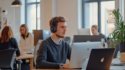 A person wearing headphones sitting at a desk