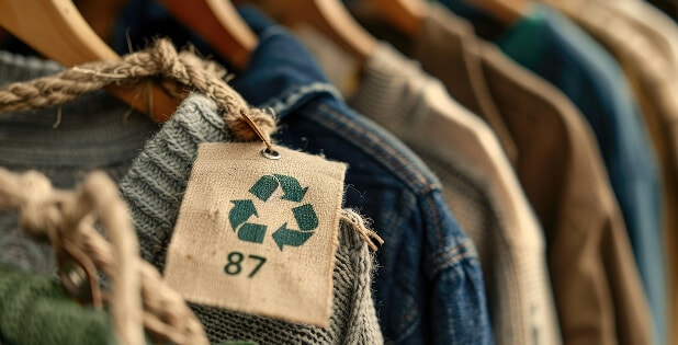 Clothes on hangers with recycled tags, representing sustainable fashion practices and value chain optimization using SAP S/4HANA Fashion